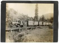 Men standing atop a lumber train, California