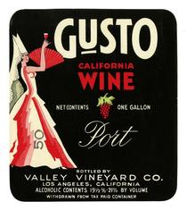 Gusto California wine, port, Valley Vineyard Co., Los Angeles