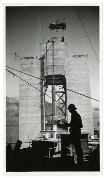 Golden Gate Bridge construction, silhouette of worker