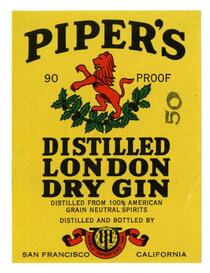 Piper's distilled London dry gin, World Importers, San Francisco