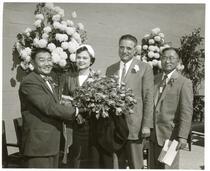 Minoru Shinoda, Miss San Francisco, Mayor George Christopher, and Sam Sakai, opening day of the San Francisco Flower Terminal