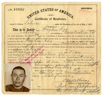 Certificate of residence for Wong Kin Hay [?], farmer, age 37 years, of Mountain View, California