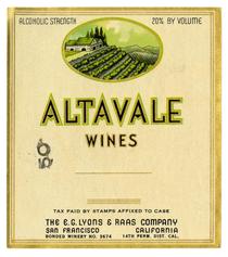 Altavale Wines, E. G. Lyons & Raas Co., San Francisco