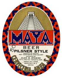 Maya beer, pilsner style, Cerveceria de Anza S.A., Mexicali, B. C., Mexico