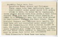 Notecard with a typed message in support of Fred Korematsu, and opposing incarceration of Japanese Americans