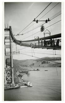 Golden Gate Bridge construction workers on catwalks during cable spinning