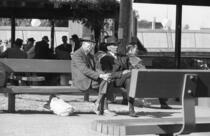 Three guys on a bench in Portsmouth Square with men playing board games in background