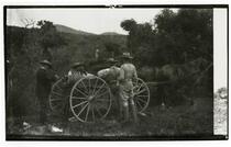 Men alongside horse-drawn wagon, Rancho Santa Anita