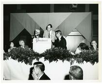 Speaker's podium at Doc Yatabe's retirement dinner (Doc Yatabe, right)