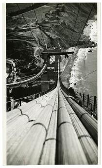 Golden Gate Bridge construction, view from south tower toward Baker Beach