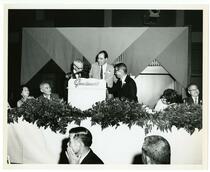 Speaker's podium at Doc Yatabe's retirement dinner (Doc Yatabe, right)