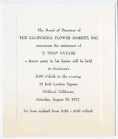 California Flower Market Board of Directors invitation announcement to Doc Yatabe's retirement dinner party 