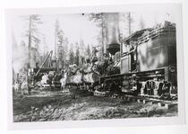 Workers atop a loaded lumber train