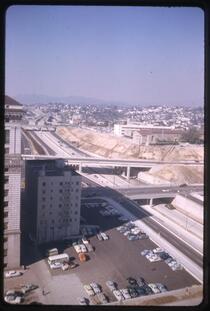 North and south lanes and overpasses of the Hollywood Freeway, looking northeast of downtown Los Angeles.
