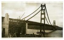 Golden Gate Bridge construction, view of span from San Francisco