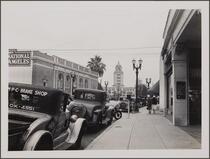 Beverly Hills, looking up Santa Monica Blvd toward city hall; Security First National Bank in left foreground toward northeast