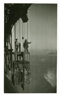 Elevator with workers and guests, Golden Gate Bridge opening celebration, May 1937