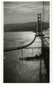 Golden Gate Bridge construction, view toward south tower