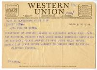 Postal telegraph from Clifford Forster, to Ernest Besig, Director, American Civil Liberties Union of Northern California, January 21, 1943