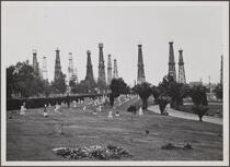 Oil wells and Sunnyside Cemetery, south of 27th Street, North Long Beach