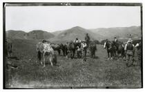 Men and horses in the field, Rancho Santa Anita