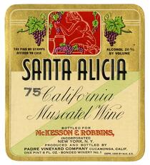 Santa Alicia California Muscatel wine, Padre Vineyard Company, Cucamonga