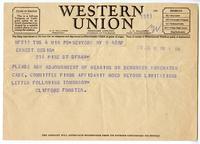 Postal telegraph from Clifford Forster to Ernest Besig, Director, American Civil Liberties Union of Northern California, July 9, 1942
